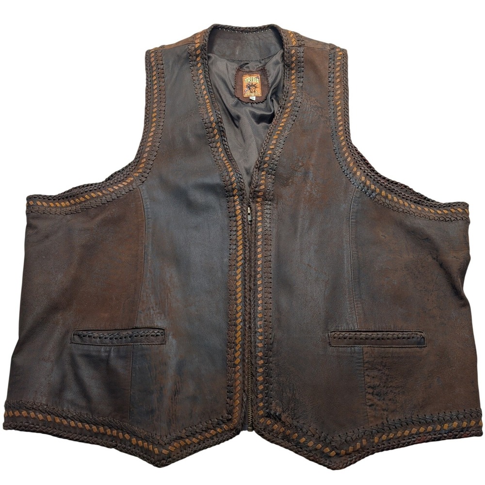 Tribe America Leather Vest Men Size 56 Brown Braided Trim Biker Western Zip Up